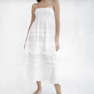 Zara White Tiered Midi Dress with Ruffle Detail Tube Top Summer Style S